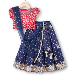 Babyhug Brocade Woven Half Puffed Sleeves Floral Foil Printed  Choli Lehenga Set with Dupatta & Sequin Detailing - Navy Blue & Red
