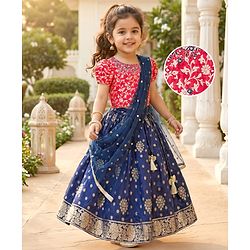 Babyhug Brocade Woven Half Puffed Sleeves Floral Foil Printed  Choli Lehenga Set with Dupatta & Sequin Detailing - Navy Blue & Red