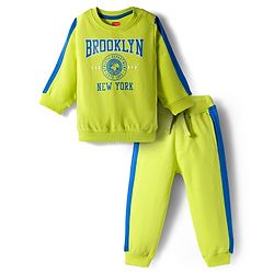 Babyhug Knit Premium Light Gauge Terry Full Sleeves Sweatshirt & Joggers Set With Brooklyn Text Print - Neon Green