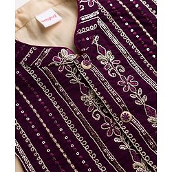 Babyhug 100% Cotton Woven Full Sleeves Kurta Pajama Set with Jacket & Floral Embroidery - Beige