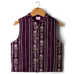 Babyhug 100% Cotton Woven Full Sleeves Kurta Pajama Set with Jacket & Floral Embroidery - Beige