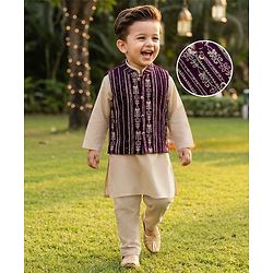 Babyhug 100% Cotton Woven Full Sleeves Kurta Pajama Set with Jacket & Floral Embroidery - Beige