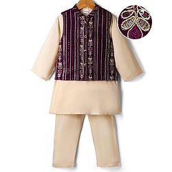 Babyhug 100% Cotton Woven Full Sleeves Kurta Pajama Set with Jacket & Floral Embroidery - Beige