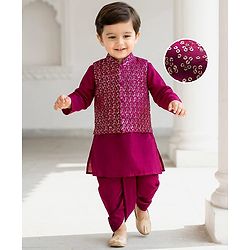 Babyhug Rayon Woven Full Sleeves Solid Kurta Dhoti Set with Sequenced Nehru Jacket - Magenta Pink