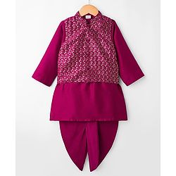 Babyhug Rayon Woven Full Sleeves Solid Kurta Dhoti Set with Sequenced Nehru Jacket - Magenta Pink