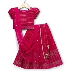 Babyhug Georgette Woven Half Puffed Sleeves Choli Lehenga Set with Dupatta Embroidery & Sequin Detailing - Dark Pink