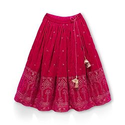 Babyhug Georgette Woven Half Puffed Sleeves Choli Lehenga Set with Dupatta Embroidery & Sequin Detailing - Dark Pink