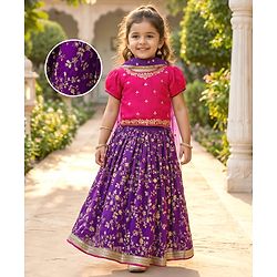 Babyhug Georgette Woven Half Puffed Sleeves Choli Lehenga & Dupatta Set with Floral Embroidery - Purple & Pink