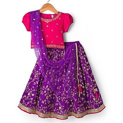 Babyhug Georgette Woven Half Puffed Sleeves Choli Lehenga & Dupatta Set with Floral Embroidery - Purple & Pink