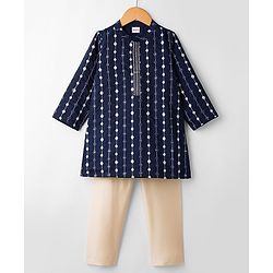 Babyhug Georgette Woven Full Sleeves Kurta Pyjama Set with Mirror Embroidery - Navy Blue
