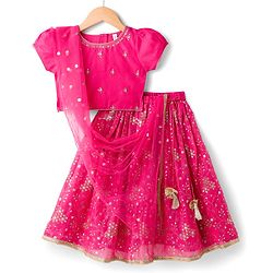 Babyhug Chanderi Woven Half Sleeves Choli Lehenga & Dupatta Set With Floral Print & Embriodered - Fuschia