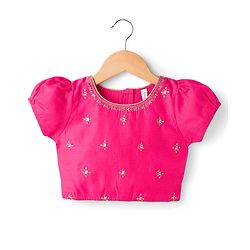 Babyhug Chanderi Woven Half Sleeves Choli Lehenga & Dupatta Set With Floral Print & Embriodered - Fuschia