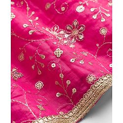 Babyhug Chanderi Woven Half Sleeves Choli Lehenga & Dupatta Set With Floral Print & Embriodered - Fuschia
