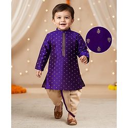Babyhug Brocade Woven Full Sleeves Kurta Dhoti Set With Floral Foil Print - Purple