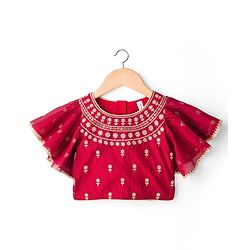 Babyhug Brocade Woven Flutter Sleeves Choli Lehenga & Dupatta Set with Floral Embroidery & Print - Red