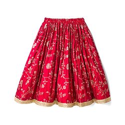 Babyhug Brocade Woven Flutter Sleeves Choli Lehenga & Dupatta Set with Floral Embroidery & Print - Red