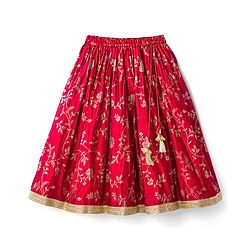 Babyhug Brocade Woven Flutter Sleeves Choli Lehenga & Dupatta Set with Floral Embroidery & Print - Red