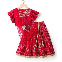 Babyhug Brocade Woven Flutter Sleeves Choli Lehenga & Dupatta Set with Floral Embroidery & Print - Red