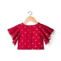 Babyhug Brocade Woven Flutter Sleeves Choli Lehenga & Dupatta Set with Floral Embroidery & Print - Red