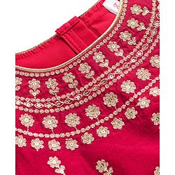 Babyhug Brocade Woven Flutter Sleeves Choli Lehenga & Dupatta Set with Floral Embroidery & Print - Red