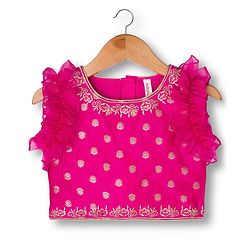 Babyhug Brocade Woven Frill Sleeves Floral Foil Printed Choli Lehenga Set with Dupatta & Embroidery - Dark Pink