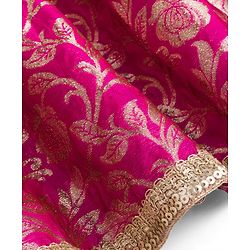 Babyhug Brocade Woven Frill Sleeves Floral Foil Printed Choli Lehenga Set with Dupatta & Embroidery - Dark Pink