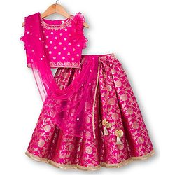 Babyhug Brocade Woven Frill Sleeves Floral Foil Printed Choli Lehenga Set with Dupatta & Embroidery - Dark Pink