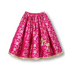 Babyhug Brocade Woven Frill Sleeves Floral Foil Printed Choli Lehenga Set with Dupatta & Embroidery - Dark Pink