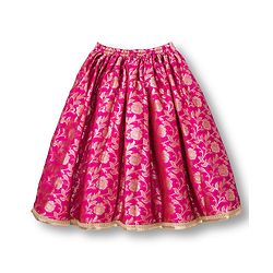 Babyhug Brocade Woven Frill Sleeves Floral Foil Printed Choli Lehenga Set with Dupatta & Embroidery - Dark Pink