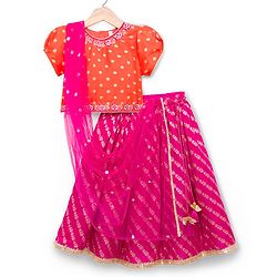 Babyhug Brocade Woven Puffed Sleeves Floral Embroidered Choli Lahenga set with Dupatta- Fuchsia