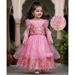 Babyhug Georgette Woven Frill Sleeves Choli Lehenga Set with Dupatta Embroidery & Sequin Detailing - Pink