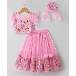 Babyhug Georgette Woven Frill Sleeves Choli Lehenga Set with Dupatta Embroidery & Sequin Detailing - Pink