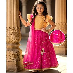 Babyhug Georgette Woven Flutter Sleeves Choli Lehenga & Dupatta Set with Floral Embroidery - Fuschia & Yellow