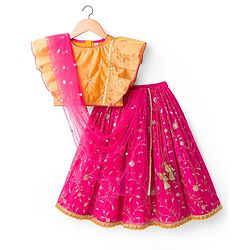 Babyhug Georgette Woven Flutter Sleeves Choli Lehenga & Dupatta Set with Floral Embroidery - Fuschia & Yellow