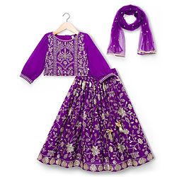 Babyhug Woven Three Fourth Sleeves  Embroidered Choli Lehenga Set with Dupatta - Purple