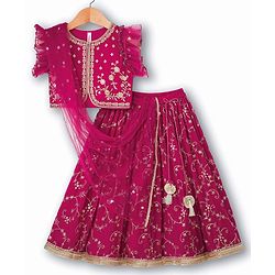 Babyhug Georgette Woven Frill Sleeves Choli Lehenga & Dupatta Set With Floral Embriodery - Red