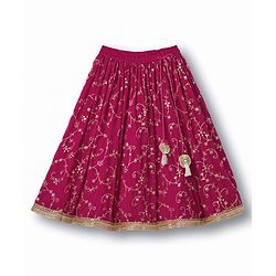 Babyhug Georgette Woven Frill Sleeves Choli Lehenga & Dupatta Set With Floral Embriodery - Red