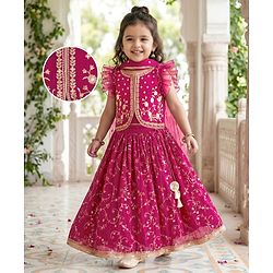 Babyhug Georgette Woven Frill Sleeves Choli Lehenga & Dupatta Set With Floral Embriodery - Red