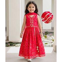 Babyhug Georgette Woven Half Sleeves Choli Lehenga & Dupatta Set with Floral Embroidery - Hot Pink