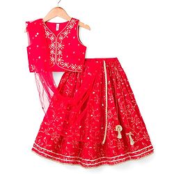 Babyhug Georgette Woven Half Sleeves Choli Lehenga & Dupatta Set with Floral Embroidery - Hot Pink