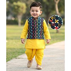 Babyhug Cotton Woven Full Sleeves Kurta Dhoti & Floral Embroidered Jacket Set - Yellow