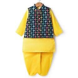 Babyhug Cotton Woven Full Sleeves Kurta Dhoti & Floral Embroidered Jacket Set - Yellow