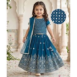 Babyhug Georgette Woven Half Sleeves Choli Lehenga & Dupatta Set With Sequin Detailing & Embriodery - Teal Blue