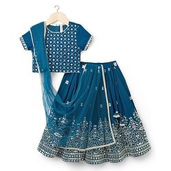 Babyhug Georgette Woven Half Sleeves Choli Lehenga & Dupatta Set With Sequin Detailing & Embriodery - Teal Blue