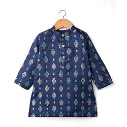 Babyhug Cotton Woven Full Sleeves Kurta Dhoti Set with Floral Motif Foil Print - Navy Blue & Beige