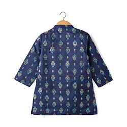 Babyhug Cotton Woven Full Sleeves Kurta Dhoti Set with Floral Motif Foil Print - Navy Blue & Beige