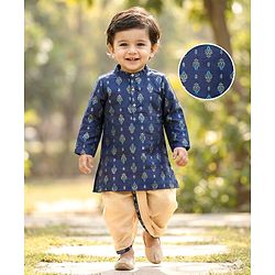 Babyhug Cotton Woven Full Sleeves Kurta Dhoti Set with Floral Motif Foil Print - Navy Blue & Beige