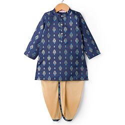 Babyhug Cotton Woven Full Sleeves Kurta Dhoti Set with Floral Motif Foil Print - Navy Blue & Beige
