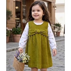 Babyhug Cotton Woven Frock with Full Sleeves Inner Tee Bow Print - Olive Green & White