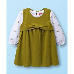 Babyhug Cotton Woven Frock with Full Sleeves Inner Tee Bow Print - Olive Green & White